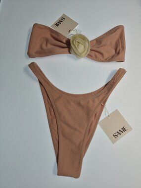 SAME Los Angeles Rosette Bandeau Bikini Set Faux Suede Pink Size Medium NWT